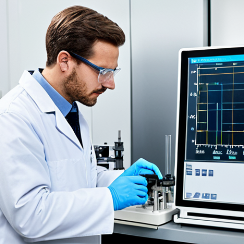 Home 24 A focused professional male materials engineer stands in a clean, modern engineering laboratory. He is wearing a fully buttoned, modest lab coat over professional attire and clear safety glasses. He is closely observing a universal testing machine performing a tension test on a metal specimen. In the background, a large digital screen displays a clear, intricate stress-strain curve. The laboratory is brightly lit, showcasing various scientific instruments and organized equipment, emphasizing a sense of precision and scientific inquiry. Safe for work, appropriate content, fully clothed, professional dress, perfect anatomy, correct proportions, natural pose, well-formed hands, proper finger count, natural body proportions, high-quality professional photography.