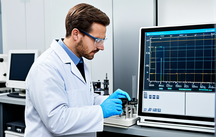 A focused professional male materials engineer stands in a clean, modern engineering laboratory. He is wearing a fully buttoned, modest lab coat over professional attire and clear safety glasses. He is closely observing a universal testing machine performing a tension test on a metal specimen. In the background, a large digital screen displays a clear, intricate stress-strain curve. The laboratory is brightly lit, showcasing various scientific instruments and organized equipment, emphasizing a sense of precision and scientific inquiry. Safe for work, appropriate content, fully clothed, professional dress, perfect anatomy, correct proportions, natural pose, well-formed hands, proper finger count, natural body proportions, high-quality professional photography.