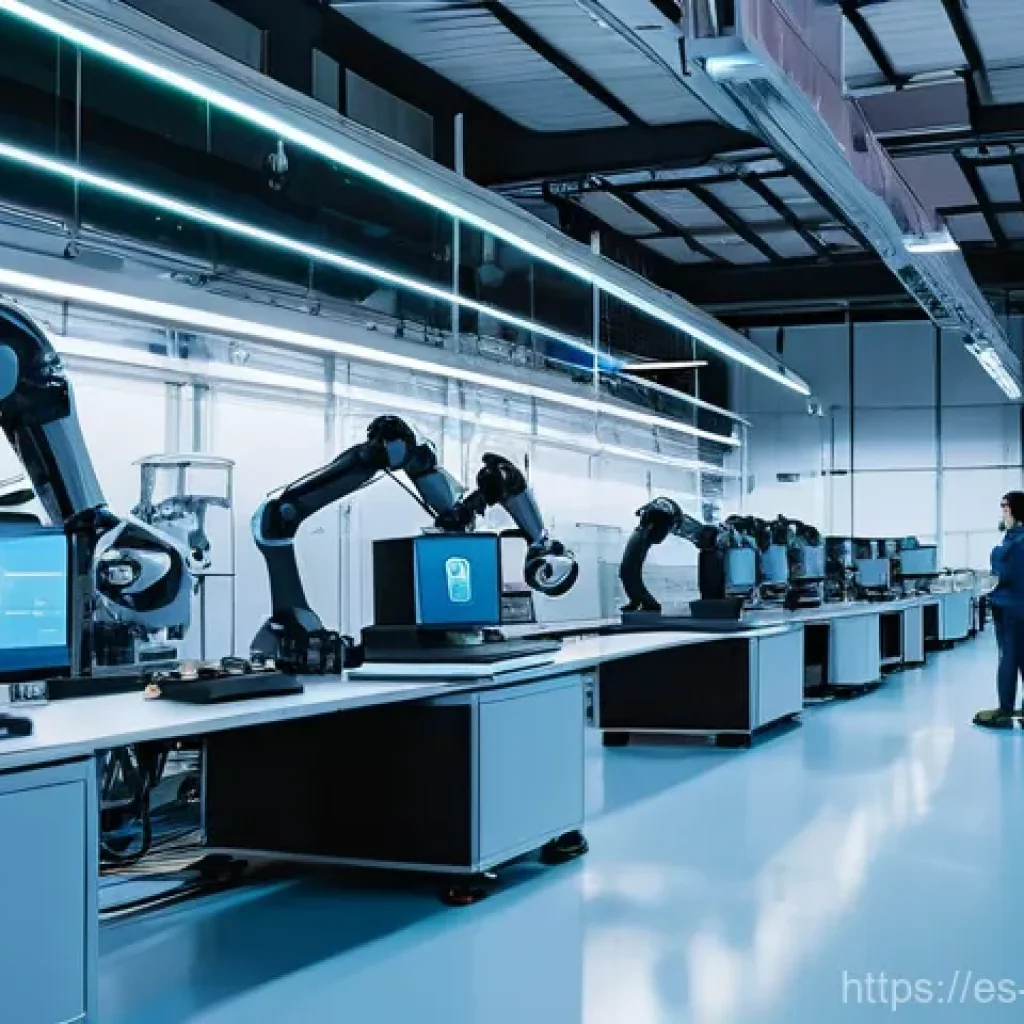 기계공학 기계기술혁신 - **Prompt:** A vibrant, futuristic factory floor bathed in clean, ambient light. In the foreground, a...