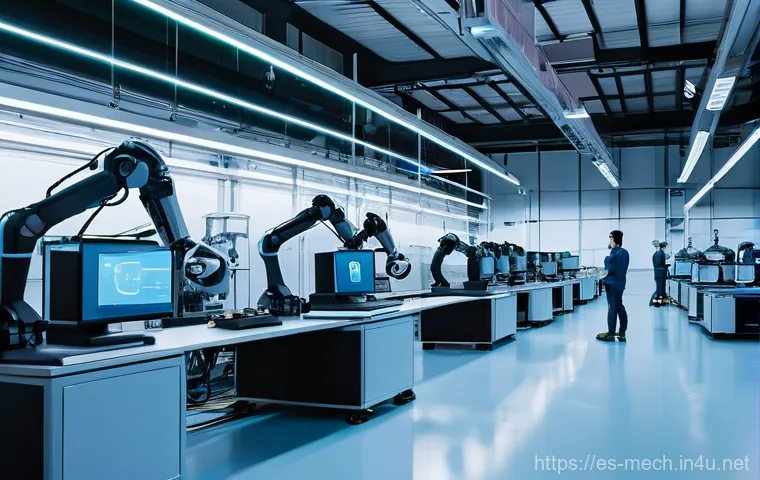 기계공학 기계기술혁신 - **Prompt:** A vibrant, futuristic factory floor bathed in clean, ambient light. In the foreground, a...
