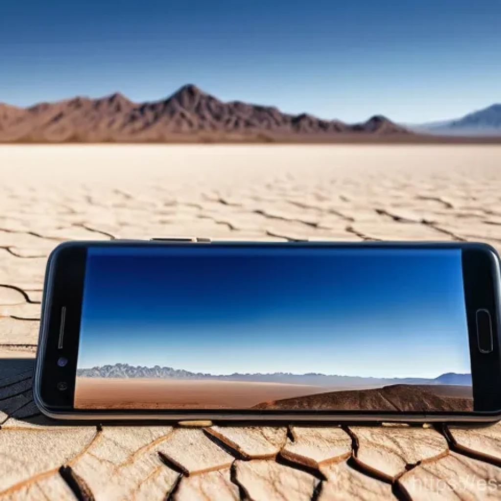 기계공학 열적시험 - **Smartphone in Extreme Desert Heat:** A hyperrealistic, wide-angle shot of a sleek, modern smartpho...