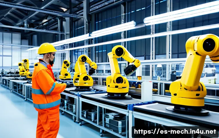 기계공학 전기기계시스템 - A modern industrial production line featuring advanced collaborative robots (cobots) working alongsi...