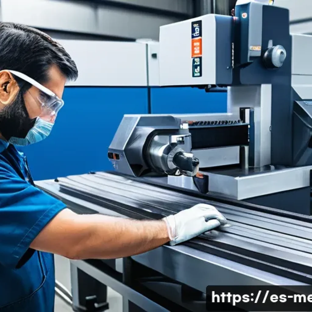 기계공학 기계가공기술표준 - A detailed industrial workshop scene in Spain, showing a skilled machinist wearing safety glasses an...