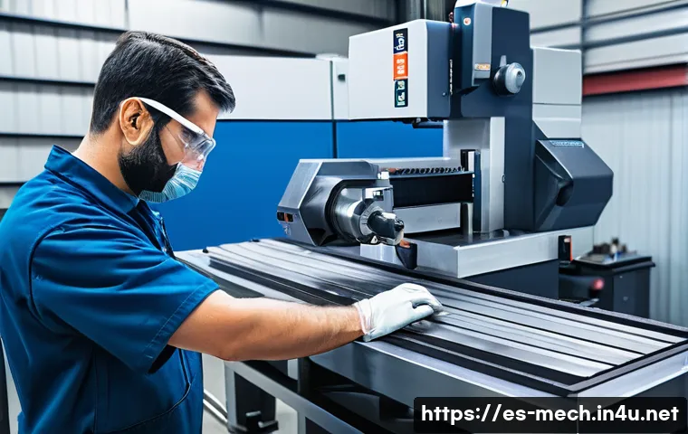 기계공학 기계가공기술표준 - A detailed industrial workshop scene in Spain, showing a skilled machinist wearing safety glasses an...