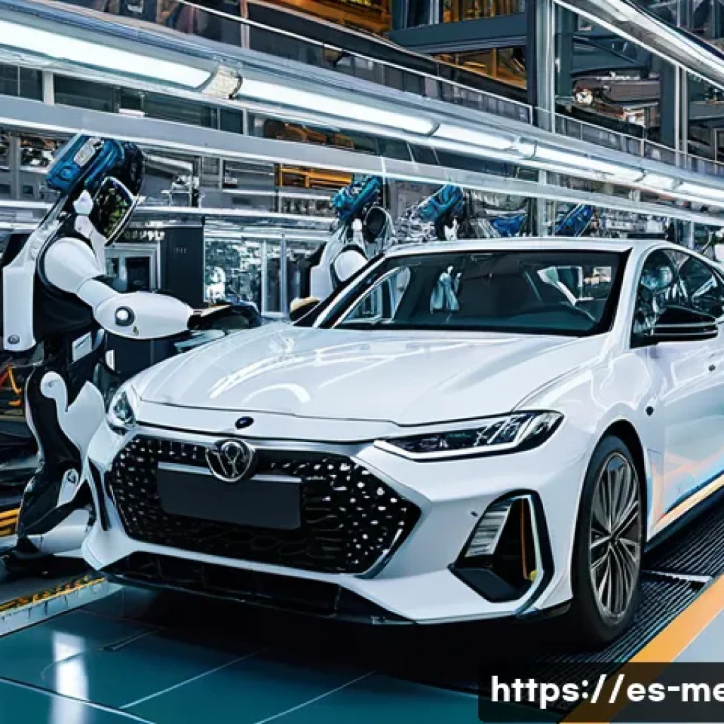 기계공학 로봇공학 - A highly detailed, futuristic automotive assembly line featuring intelligent sensors embedded in rob...