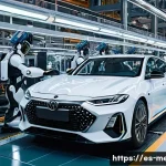 Home 22 기계공학 로봇공학 - A highly detailed, futuristic automotive assembly line featuring intelligent sensors embedded in rob...