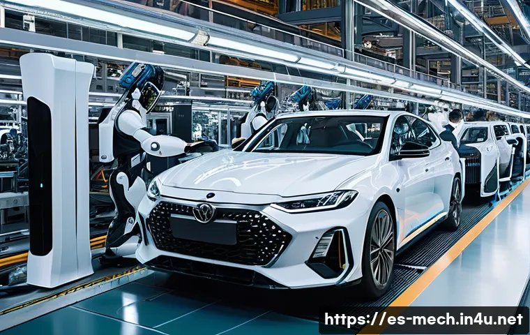 기계공학 로봇공학 - A highly detailed, futuristic automotive assembly line featuring intelligent sensors embedded in rob...
