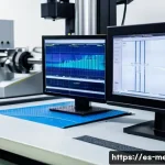 Home 21 기계공학 강도시험 - A detailed laboratory scene showing a steel tensile test in progress: a polished steel specimen clam...