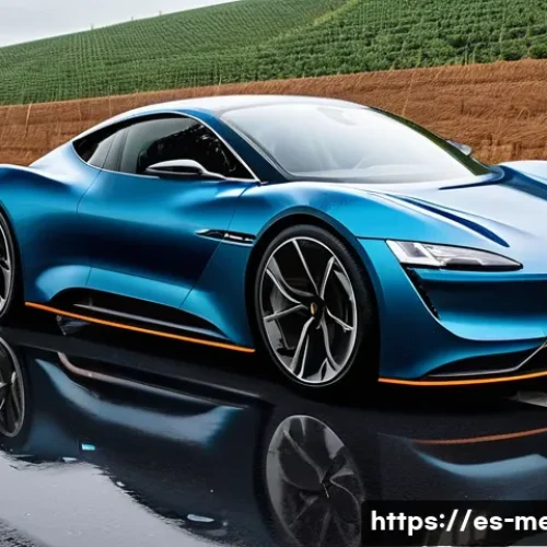 Home 32 기계공학 차량동력학 - A sleek modern electric car driving on a wet Spanish highway during a light rain, showcasing detaile...