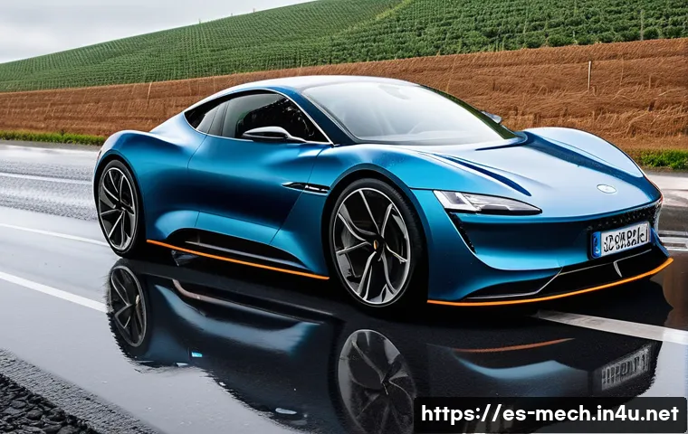 기계공학 차량동력학 - A sleek modern electric car driving on a wet Spanish highway during a light rain, showcasing detaile...