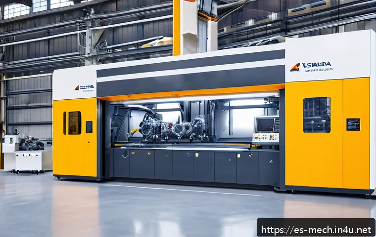 기계공학 최고효율기계시스템 - A highly detailed industrial mechanical workshop scene featuring modular machinery components made f...