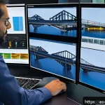 Home 23 기계공학 구조역학 - A detailed engineering workspace showing a structural engineer analyzing a complex steel bridge mode...