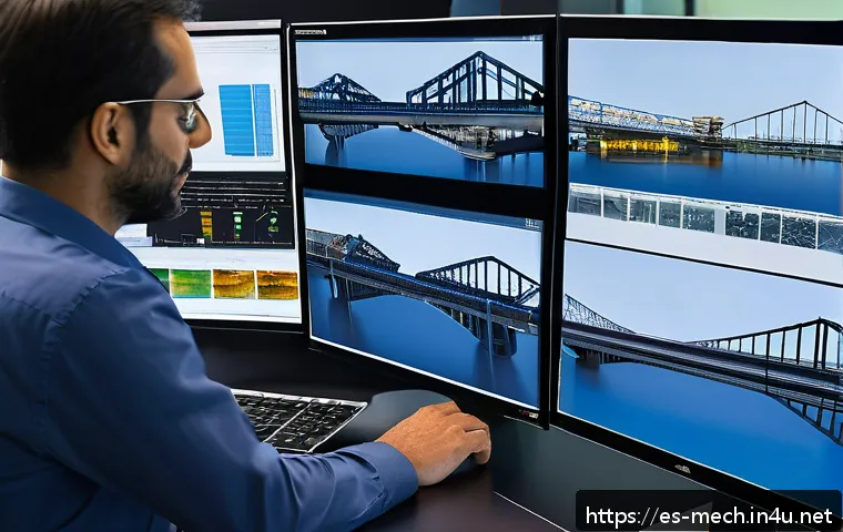 기계공학 구조역학 - A detailed engineering workspace showing a structural engineer analyzing a complex steel bridge mode...
