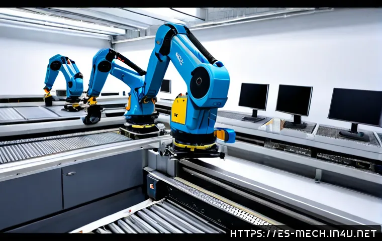 기계공학 자동화시스템 - Photorealistic wide view of a modern automated manufacturing cell in Spain, collaborative robotic ar...